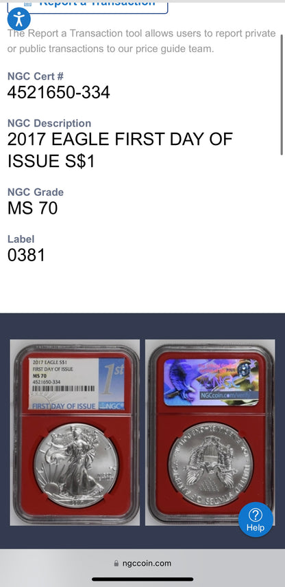 2017 $1 American Silver Eagle NGC MS70 First Day of Issue Red Core Mint Condition (1 of 40,818)
