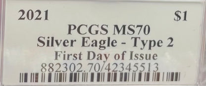 2021 $1 American Silver Eagle PCGS MS70 FDOI Type 2 Jim Peed Signed Label Mint Condition (1 of 3999)