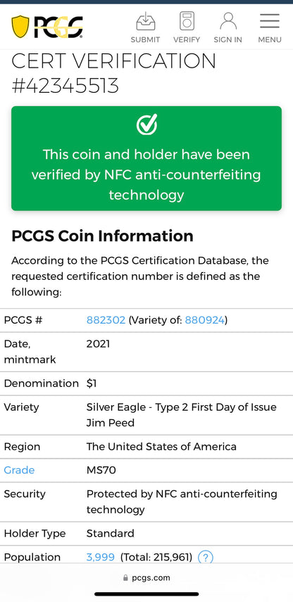 2021 $1 American Silver Eagle PCGS MS70 FDOI Type 2 Jim Peed Signed Label Mint Condition (1 of 3999)