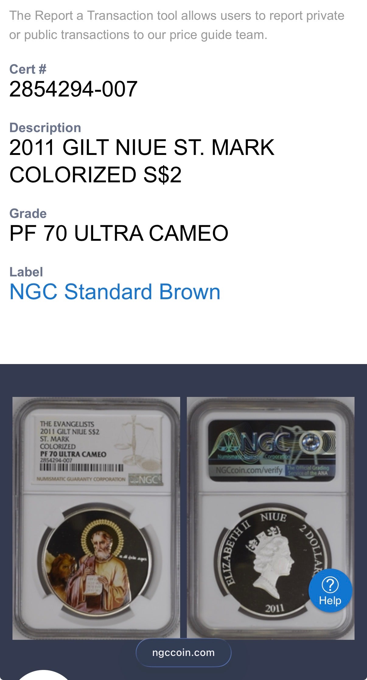 2011 Proof Niue Silver Dollar $2 NGC PF70UC Evangelists St. Mark Gilt Colorized (1 of 1)