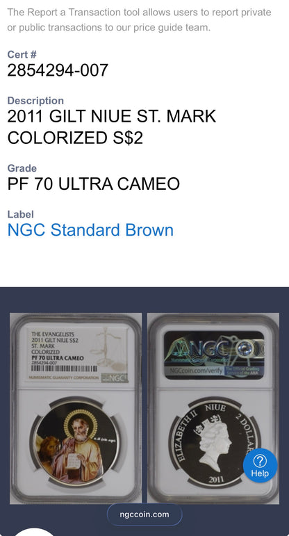 2011 Proof Niue Silver Dollar $2 NGC PF70UC Evangelists St. Mark Gilt Colorized (1 of 1)
