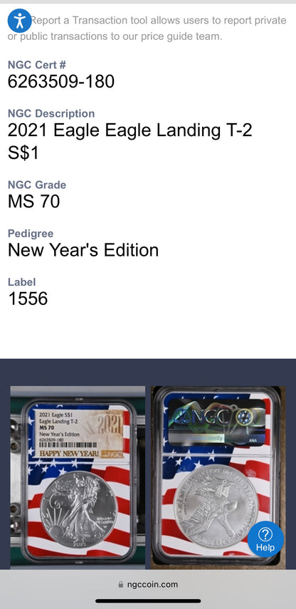 2021 $1 American Silver Eagle NGC MS70 New Years Edition Type 2 Ultra Rare Holder