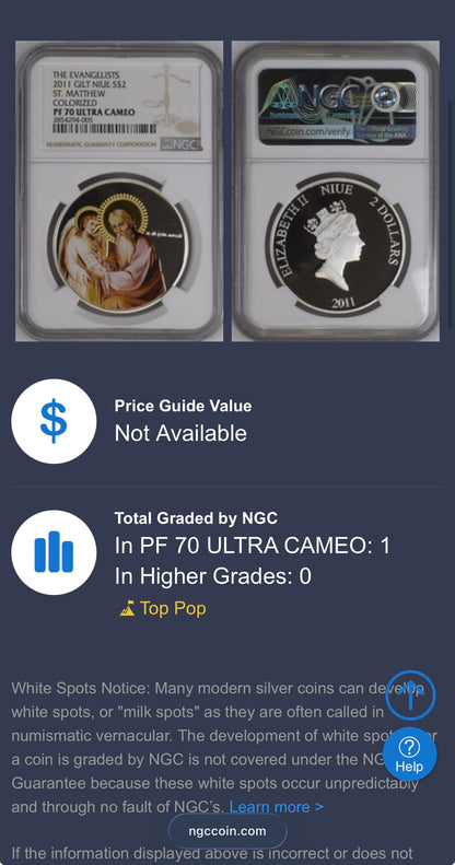 2011 Proof Niue Silver Dollar $2 NGC PF70UC Evangelists St. Matthew Gilt Colorized (1 of 1)