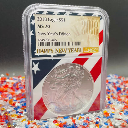 2018 $1 American Silver Eagle NGC MS70 New Years Edition Ultra Rare Holder & Label
