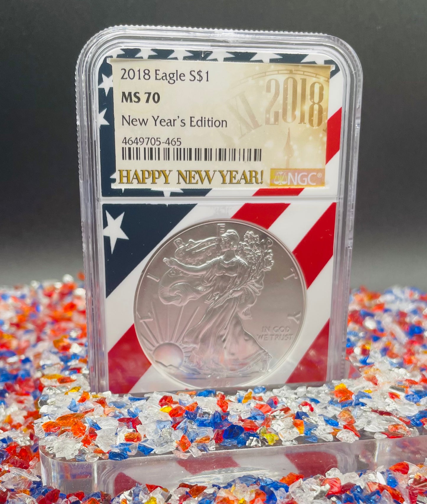2018 $1 American Silver Eagle NGC MS70 New Years Edition Ultra Rare Holder & Label