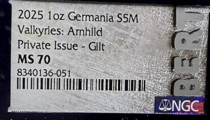 2025 1 oz .9999 Silver Private Issue NGC MS70 Valkyries - Arnhild 24K Gold Gilt Purple Holder Mint