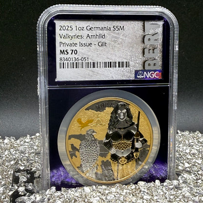 2025 1 oz .9999 Silver Private Issue NGC MS70 Valkyries - Arnhild 24K Gold Gilt Purple Holder Mint