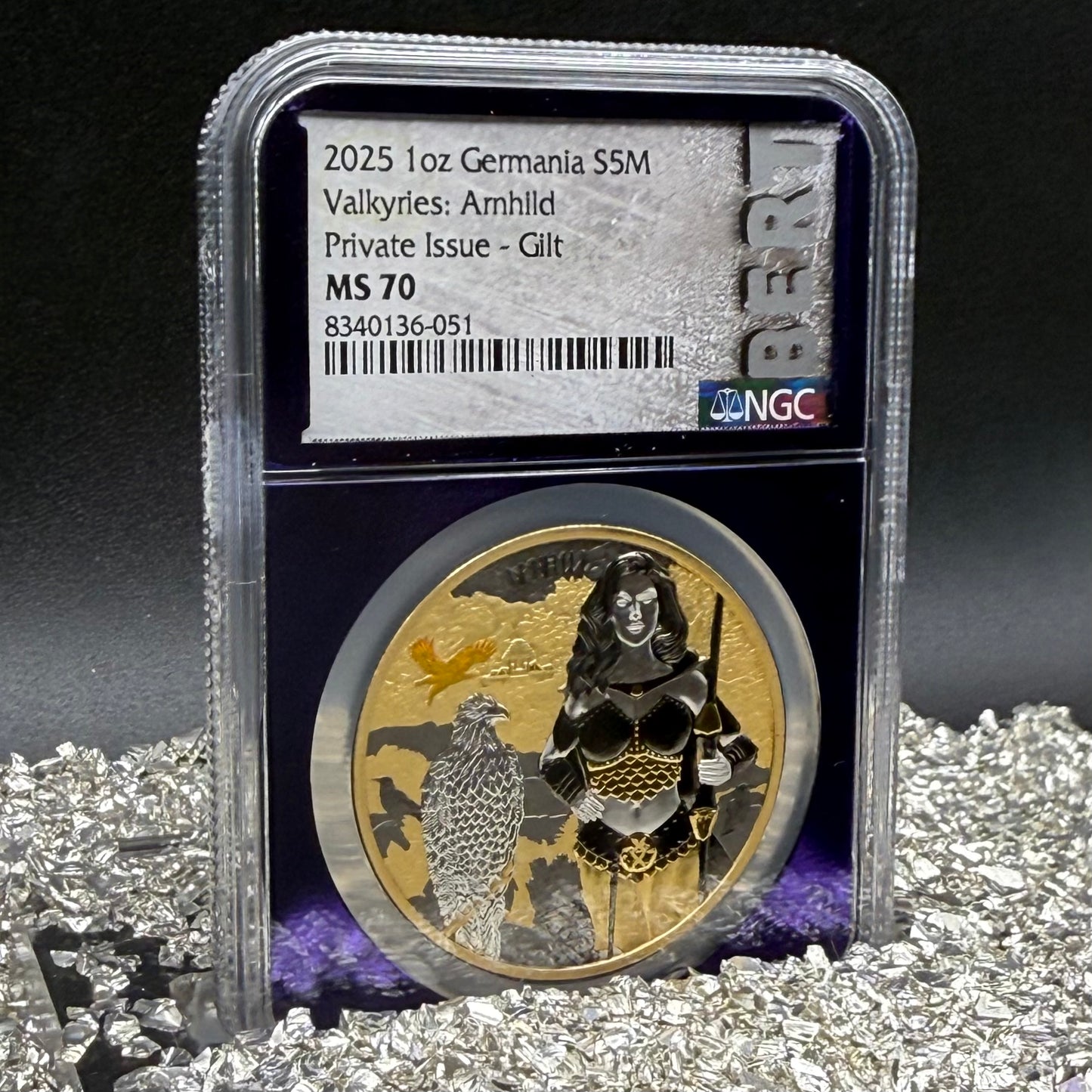 2025 1 oz .9999 Silver Private Issue NGC MS70 Valkyries - Arnhild 24K Gold Gilt Purple Holder Mint