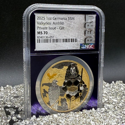 2025 1 oz .9999 Silver Private Issue NGC MS70 Valkyries - Arnhild 24K Gold Gilt Purple Holder Mint