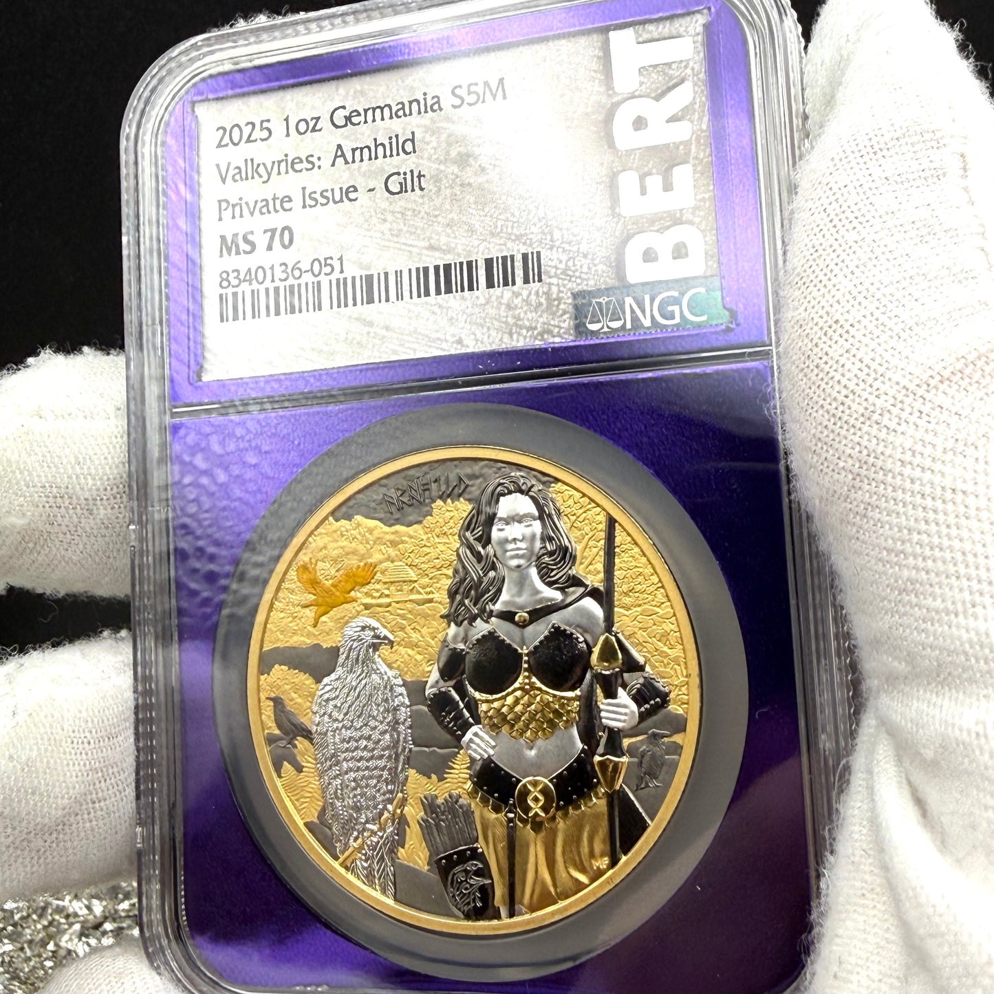 2025 1 oz .9999 Silver Private Issue NGC MS70 Valkyries - Arnhild 24K Gold Gilt Purple Holder Mint
