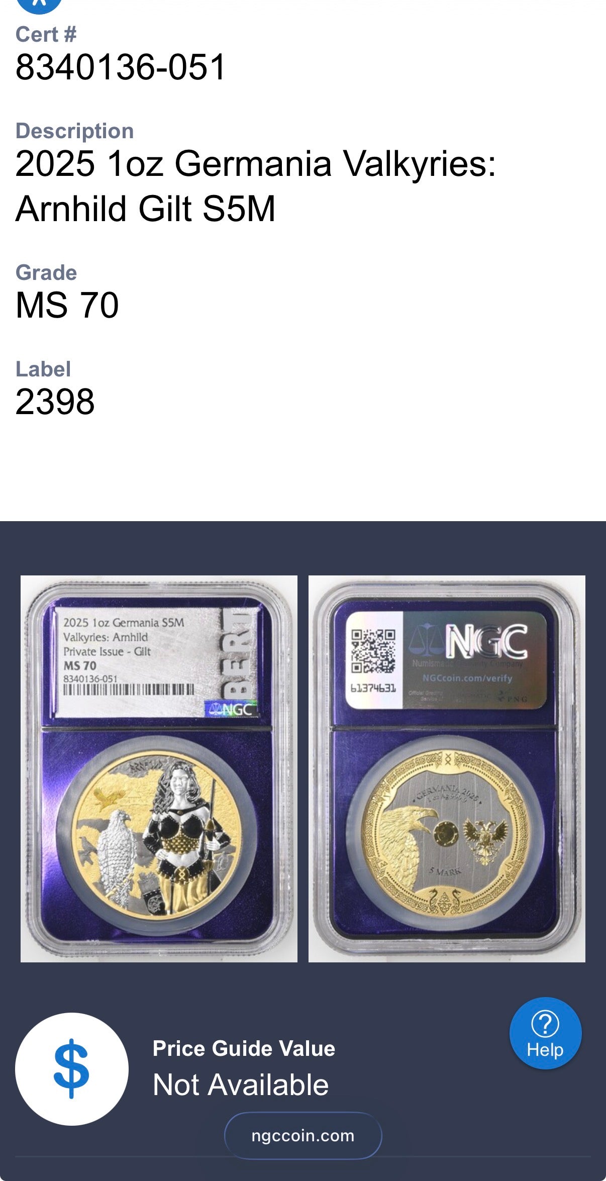 2025 1 oz .9999 Silver Private Issue NGC MS70 Valkyries - Arnhild 24K Gold Gilt Purple Holder Mint