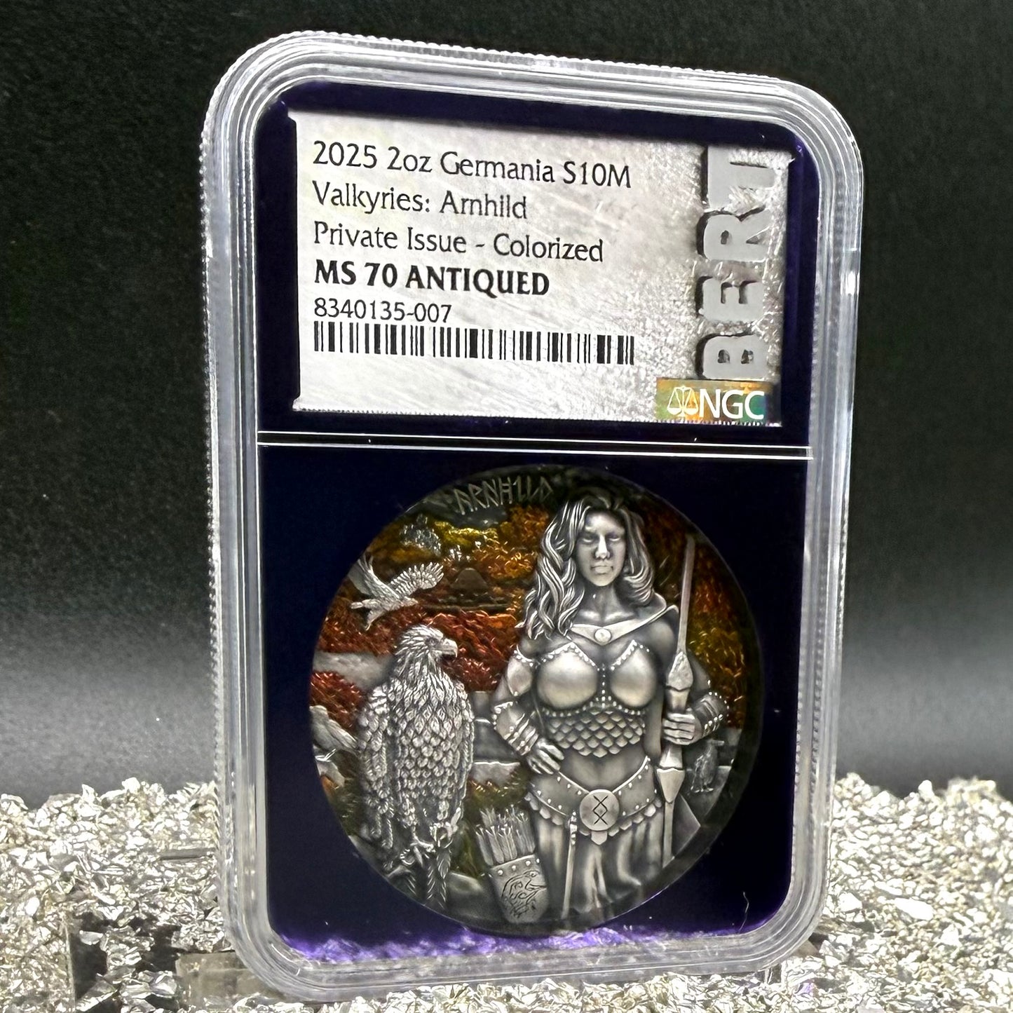 2025 2 oz .9999 Silver Private Issue NGC MS70 Valkyries - Arnhild Colorized Antiqued Purple Holder Mint