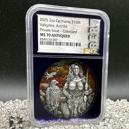 2025 2 oz .9999 Silver Private Issue NGC MS70 Valkyries - Arnhild Colorized Antiqued Purple Holder Mint