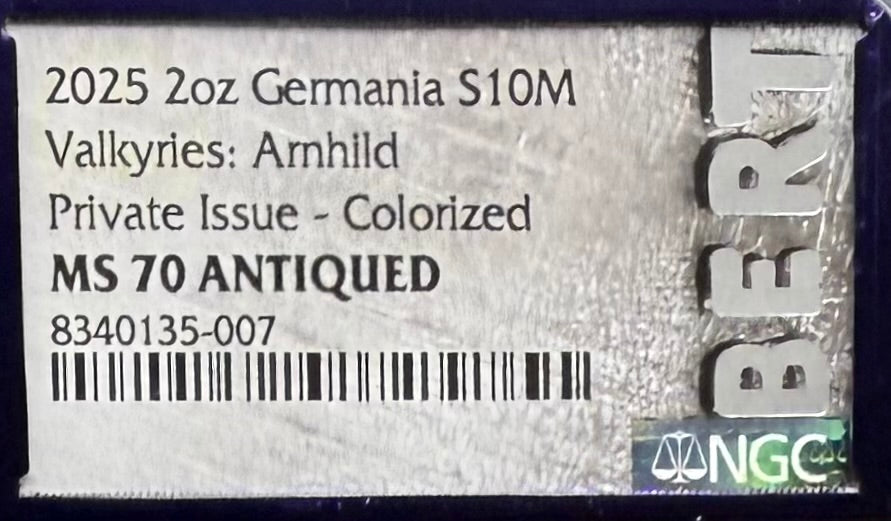 2025 2 oz .9999 Silver Private Issue NGC MS70 Valkyries - Arnhild Colorized Antiqued Purple Holder Mint