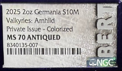 2025 2 oz .9999 Silver Private Issue NGC MS70 Valkyries - Arnhild Colorized Antiqued Purple Holder Mint