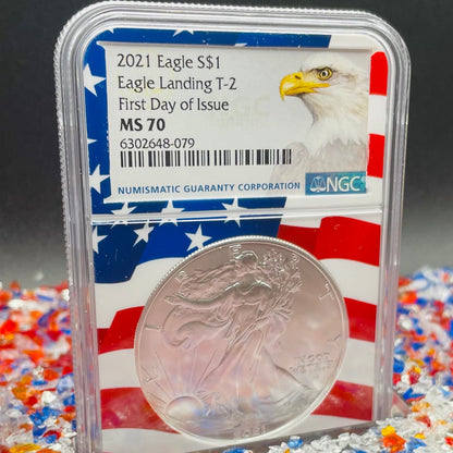 2021 $1 American Silver Eagle NGC MS70 First Day of Issue Type 2 Flag Holder Mint Condition (1 of 4,075)