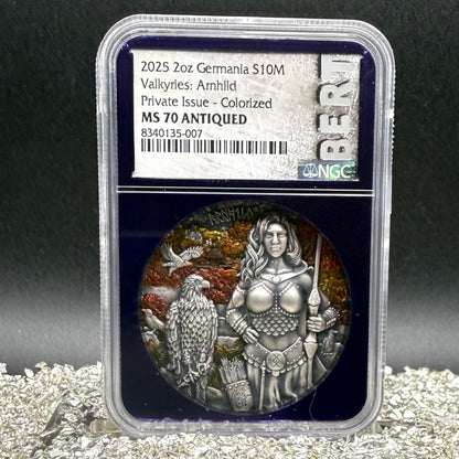 2025 2 oz .9999 Silver Private Issue NGC MS70 Valkyries - Arnhild Colorized Antiqued Purple Holder Mint
