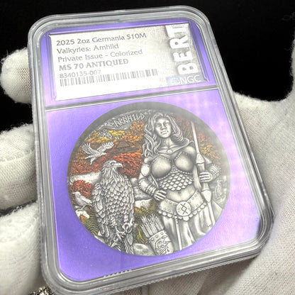 2025 2 oz .9999 Silver Private Issue NGC MS70 Valkyries - Arnhild Colorized Antiqued Purple Holder Mint