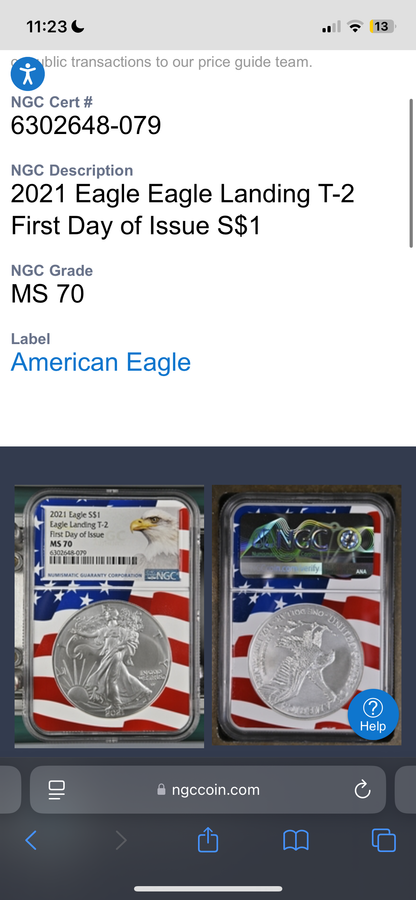2021 $1 American Silver Eagle NGC MS70 First Day of Issue Type 2 Flag Holder Mint Condition (1 of 4,075)