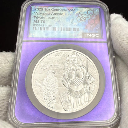 2025 1 oz .9999 Silver Private Issue NGC MS70 Valkyries - Arnhild Proof-like Finish Purple Holder Mint