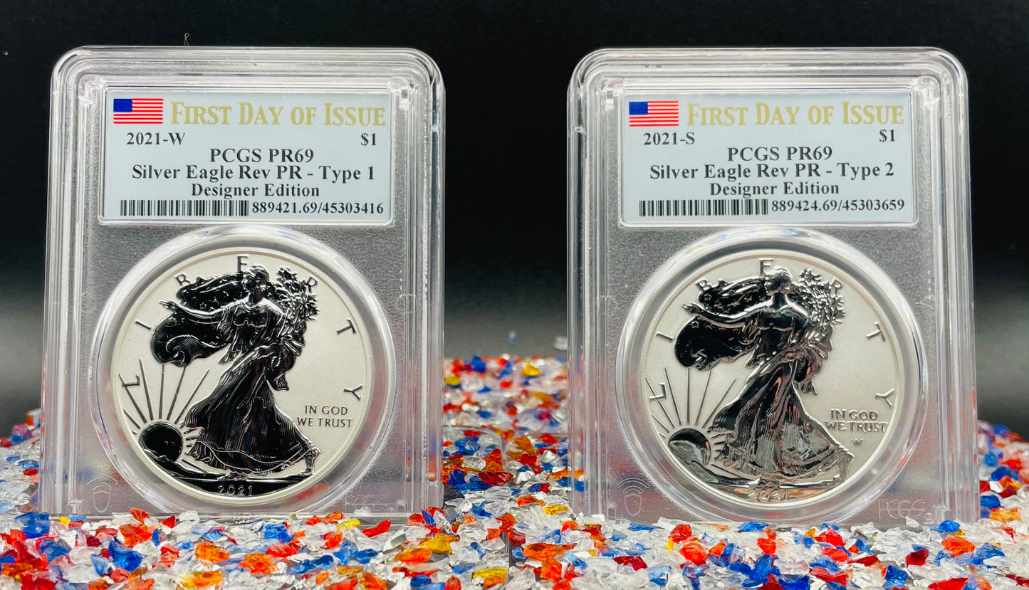 Reverse Proof 2021 Type 1 and Type 2 (2 Coin Set) $1 American Silver Eagle PCGS PF69 FDOI Designer Edition American Flag Holder Mint Condition