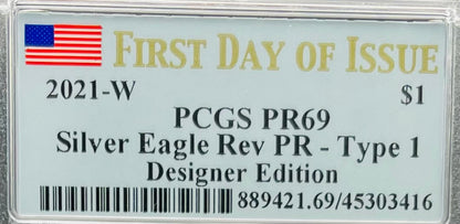 Reverse Proof 2021 Type 1 and Type 2 (2 Coin Set) $1 American Silver Eagle PCGS PF69 FDOI Designer Edition American Flag Holder Mint Condition