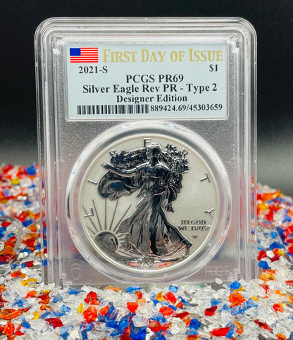 Reverse Proof 2021 Type 1 and Type 2 (2 Coin Set) $1 American Silver Eagle PCGS PF69 FDOI Designer Edition American Flag Holder Mint Condition