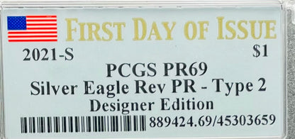 Reverse Proof 2021 Type 1 and Type 2 (2 Coin Set) $1 American Silver Eagle PCGS PF69 FDOI Designer Edition American Flag Holder Mint Condition