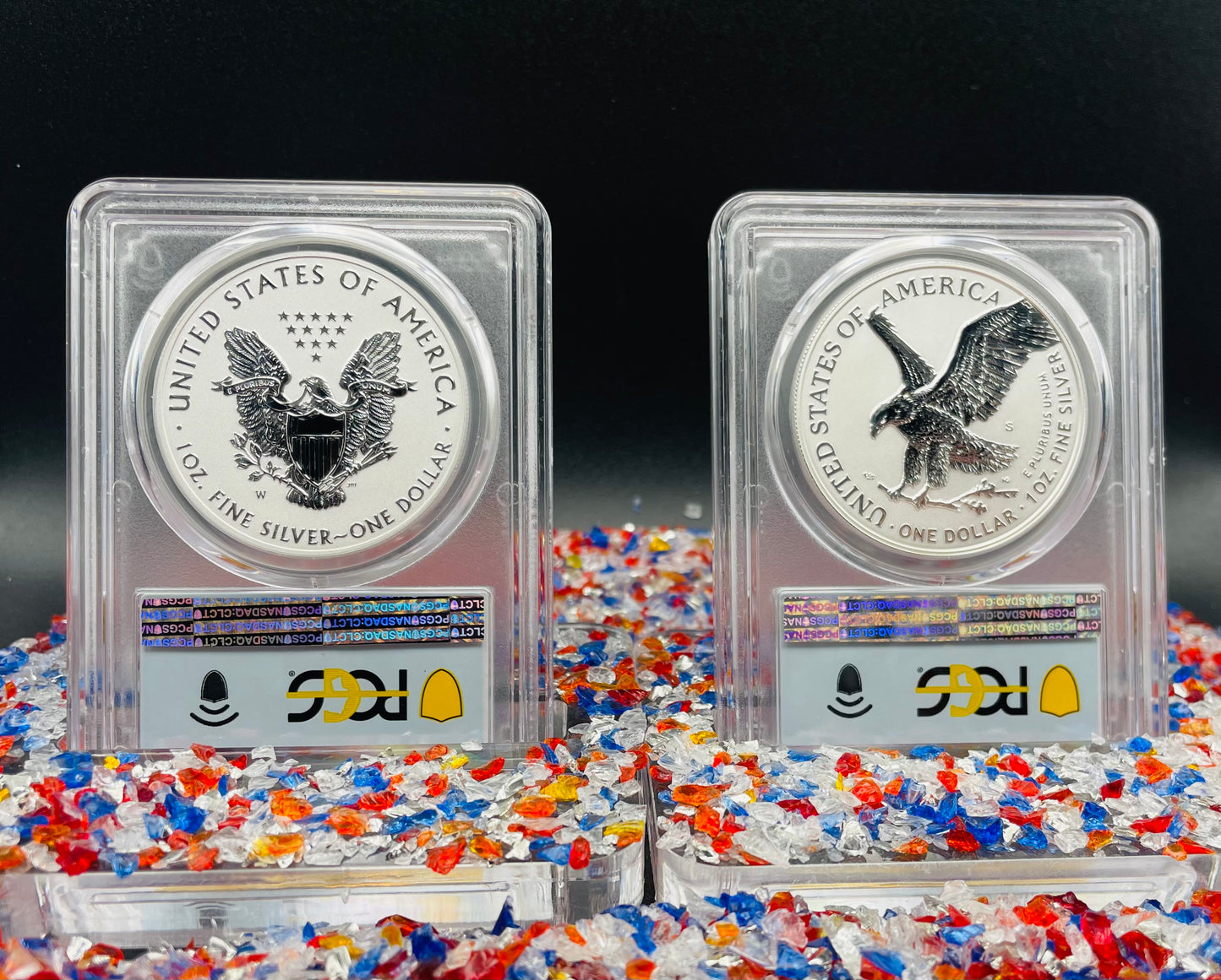 Reverse Proof 2021 Type 1 and Type 2 (2 Coin Set) $1 American Silver Eagle PCGS PF69 FDOI Designer Edition American Flag Holder Mint Condition