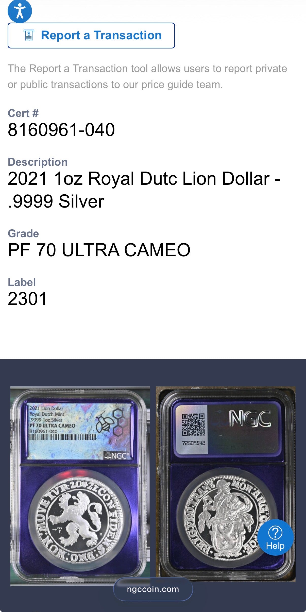 2021 Dutch Silver Lion Coin NGC PF70UC Rare Purple Holder Mint