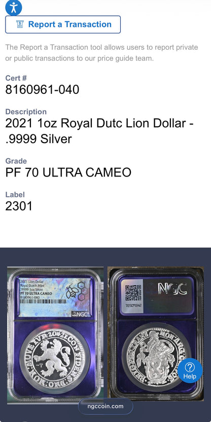 2021 Dutch Silver Lion Coin NGC PF70UC Rare Purple Holder Mint