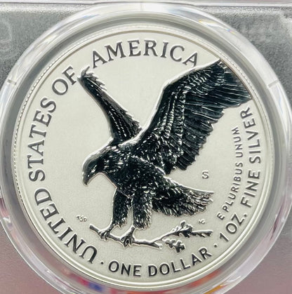 Reverse Proof 2021 Type 1 and Type 2 (2 Coin Set) $1 American Silver Eagle PCGS PF69 FDOI Designer Edition American Flag Holder Mint Condition