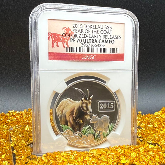 2015 Silver $5 Tokelau Islands Lunar Series II Year of the Goat Colorized NGC PF70UC Early Releases (Rare 1 of 105)