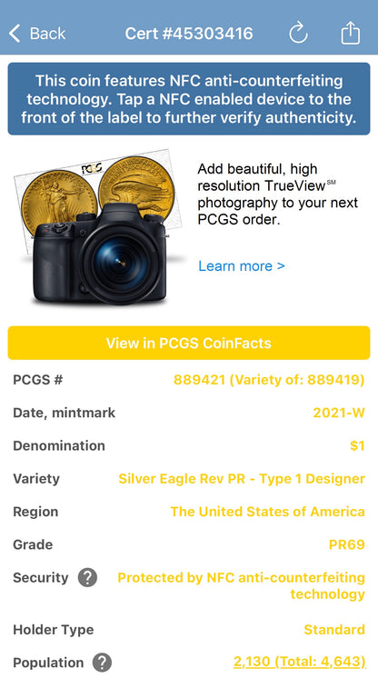 Reverse Proof 2021 Type 1 and Type 2 (2 Coin Set) $1 American Silver Eagle PCGS PF69 FDOI Designer Edition American Flag Holder Mint Condition