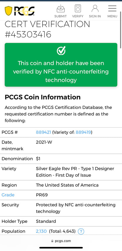 Reverse Proof 2021 Type 1 and Type 2 (2 Coin Set) $1 American Silver Eagle PCGS PF69 FDOI Designer Edition American Flag Holder Mint Condition