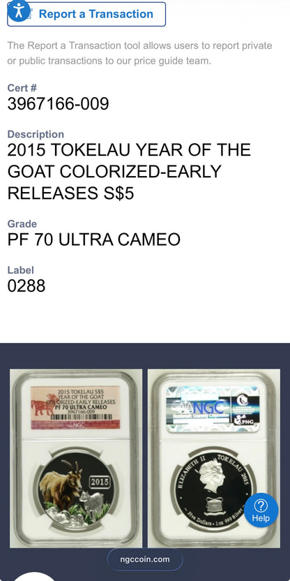 2015 Silver $5 Tokelau Islands Lunar Series II Year of the Goat Colorized NGC PF70UC Early Releases (Rare 1 of 105)