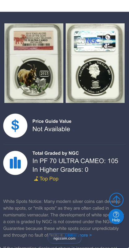 2015 Silver $5 Tokelau Islands Lunar Series II Year of the Goat Colorized NGC PF70UC Early Releases (Rare 1 of 105)