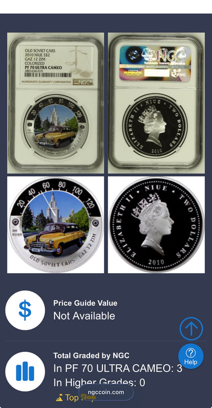 2010 Proof Niue Silver Dollar $2 NGC PF70UC Old Soviet Cars - Gaz 12 Zim Colorized (1 of 3) Mint