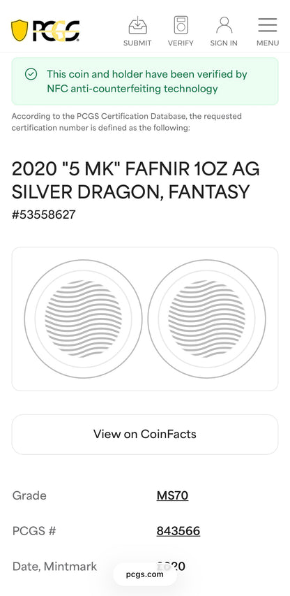 2020 1 oz .9999 Silver Private Issue PCGS MS70 Fafnir Proof-like Mint (Rare 1 of 14)