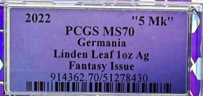2022 1 oz .9999 Silver Private Issue PCGS MS70 Linden Leaf Proof-like Finish Purple Holder Mint (Rare 1 of 131)
