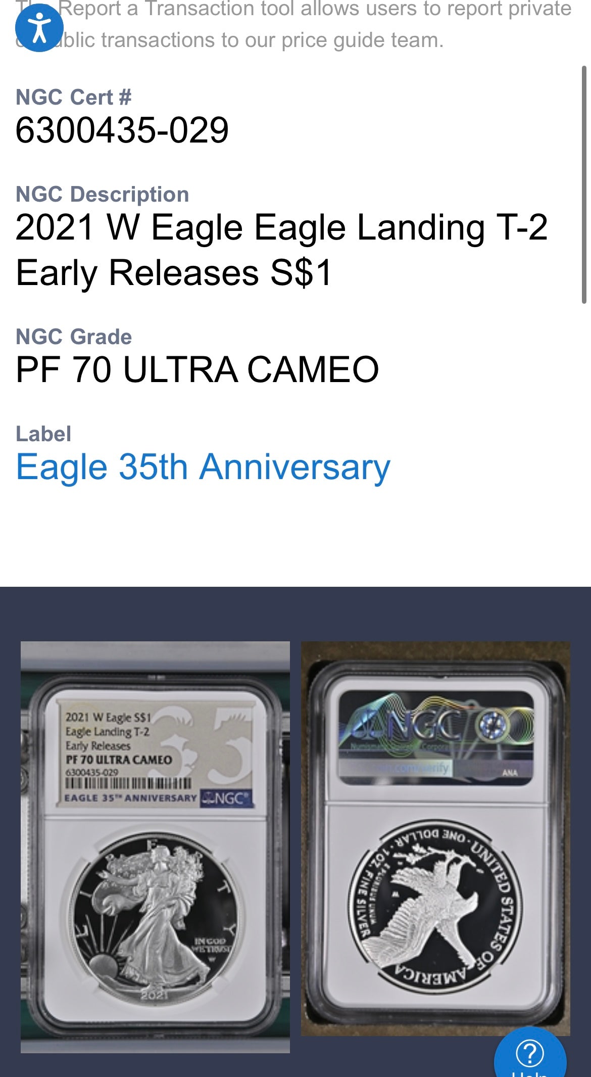 Proof 2021 (W) $1 American Silver Eagle NGC PF70 Early Releases Type 2 35th Anniversary Eagle Label (1 of 4,192)