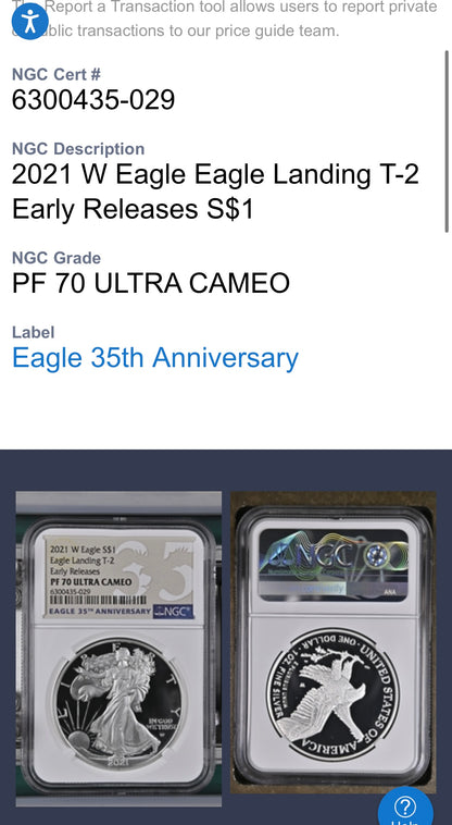 Proof 2021 (W) $1 American Silver Eagle NGC PF70 Early Releases Type 2 35th Anniversary Eagle Label (1 of 4,192)