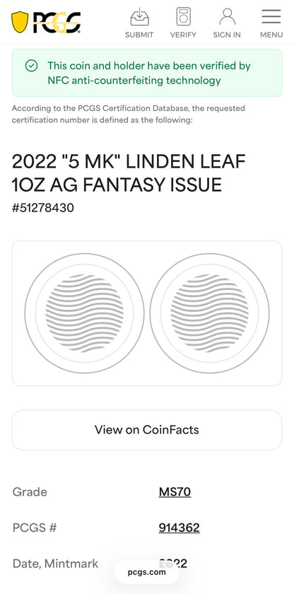 2022 1 oz .9999 Silver Private Issue PCGS MS70 Linden Leaf Proof-like Finish Purple Holder Mint (Rare 1 of 131)
