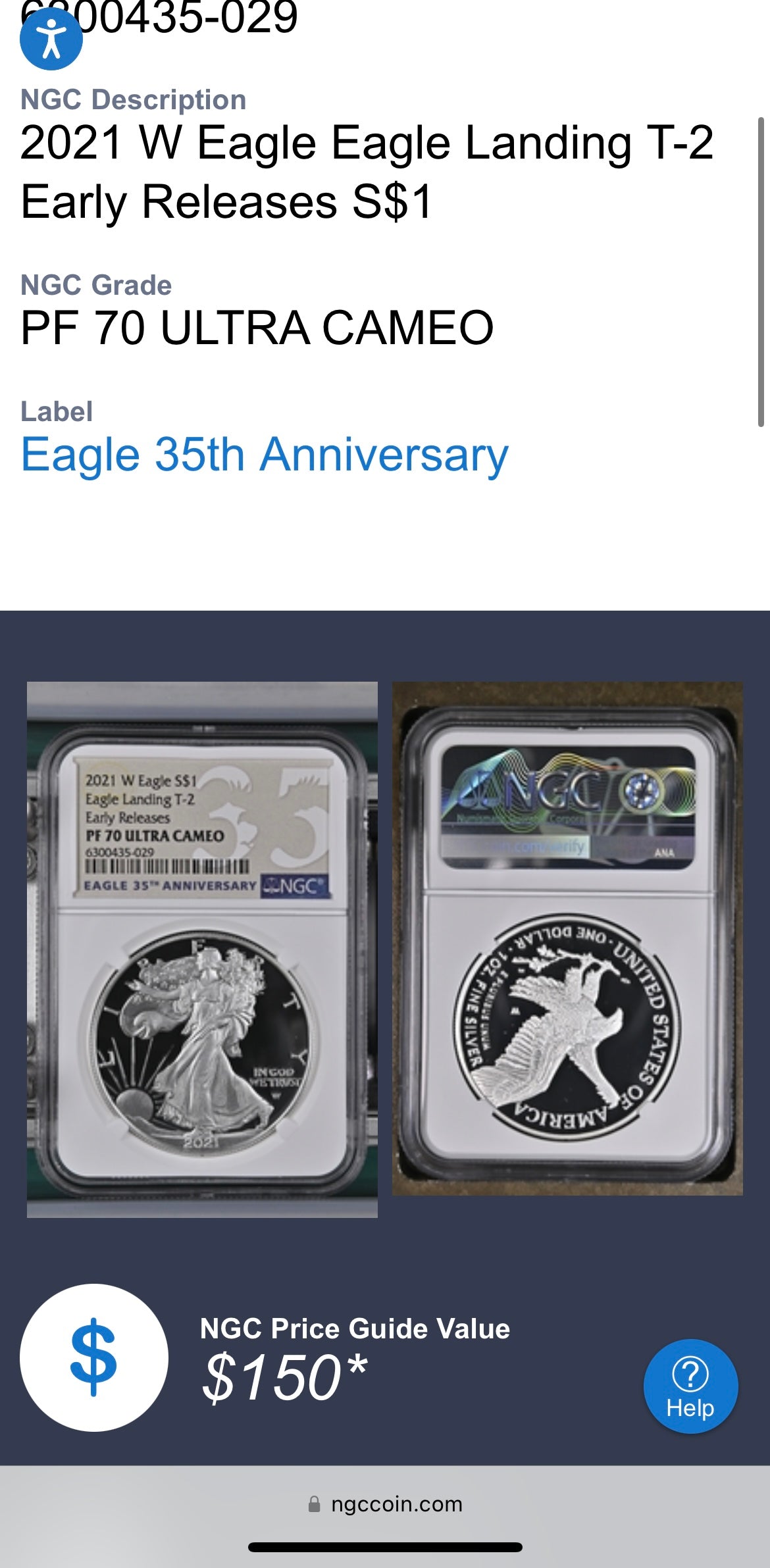 Proof 2021 (W) $1 American Silver Eagle NGC PF70 Early Releases Type 2 35th Anniversary Eagle Label (1 of 4,192)