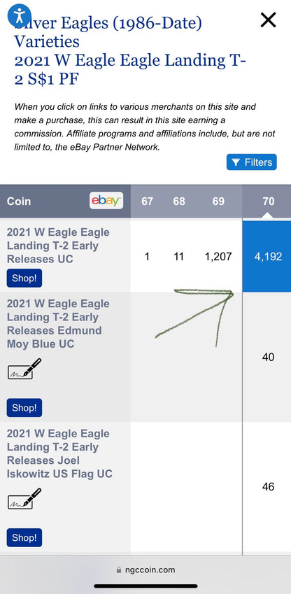 Proof 2021 (W) $1 American Silver Eagle NGC PF70 Early Releases Type 2 35th Anniversary Eagle Label (1 of 4,192)