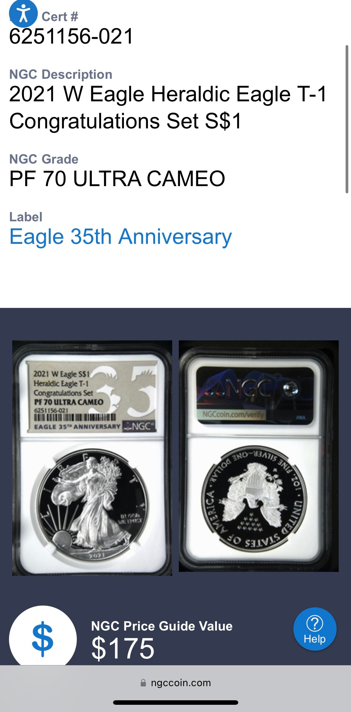 Proof 2021 (W) $1 American Silver Eagle NGC PF70 Type 1 Congratulations Set 35th Anniversary (Rare 1 of 985)
