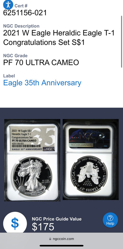 Proof 2021 (W) $1 American Silver Eagle NGC PF70 Type 1 Congratulations Set 35th Anniversary (Rare 1 of 985)