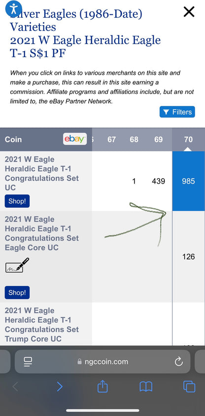 Proof 2021 (W) $1 American Silver Eagle NGC PF70 Type 1 Congratulations Set 35th Anniversary (Rare 1 of 985)