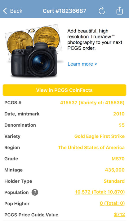 2010 $5 American Gold Eagle PCGS MS70 First Strike Flag Label (Rare 1 of 10,572)