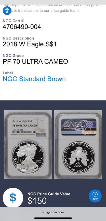 Proof 2018 (W) $1 American Silver Eagle NGC PF70 Modern Brown Label Mint Condition (1 of 5,493)